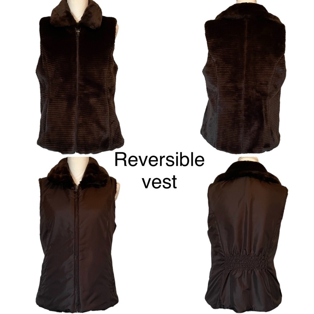 Liz Claiborne Chocolate Brown Reversible Zip-Up Faux Fur Women’s Vest Medium